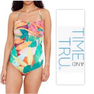 Time and Tru Watercolor Tropical Leaves Strapless One Piece Swimsuit